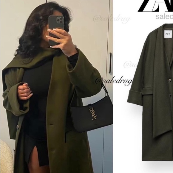 Zara Coat with Scarf Wool, Olive Green. Sz xs/s - Picture 2 of 16